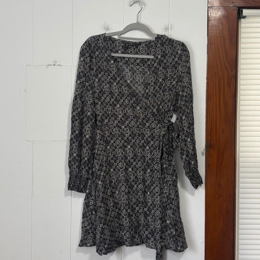 Superdry Womens Geometric Tile Print Wrap Mini Dress‎ Black White Long Sleeve 10